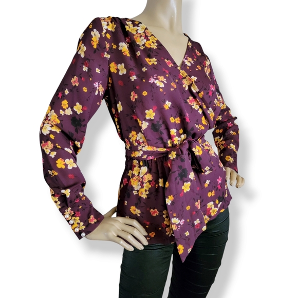 Gibson Plum/Purple & Yellow Floral Wrap Tie Waist Long Sleeve Top Size Small - Picture 3 of 8